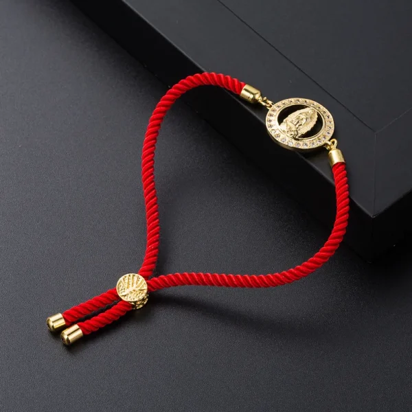 Mecrt 18K Gold-Plated Zircon CZ Statue Virgin Mary Pendant Red Rope Beaded Bracelet with Adjustable Hand Strap Fashion A