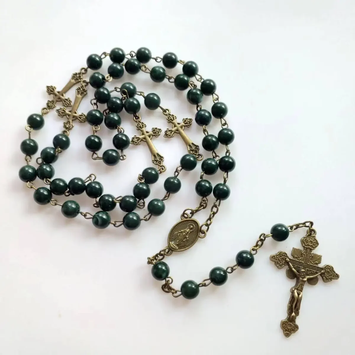Support Custom Risingmoon Religious Catholic Blackish Green Virgin Cross Jesus Christian Acrylic Beads Retro Rosary Necklace - Image 2