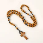 Catholic Cross Rosary Necklace 8 * 8 Square Wooden Beads Pendant Worn on the Head Easter Christmas Ornaments Wholesale - Image 5