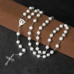 Mecrt Christian Jewelry 8mm Rose Beads Religious Catholic Rosary Enamel Crucifix Pendant Fashion Beaded Necklace - Image 2