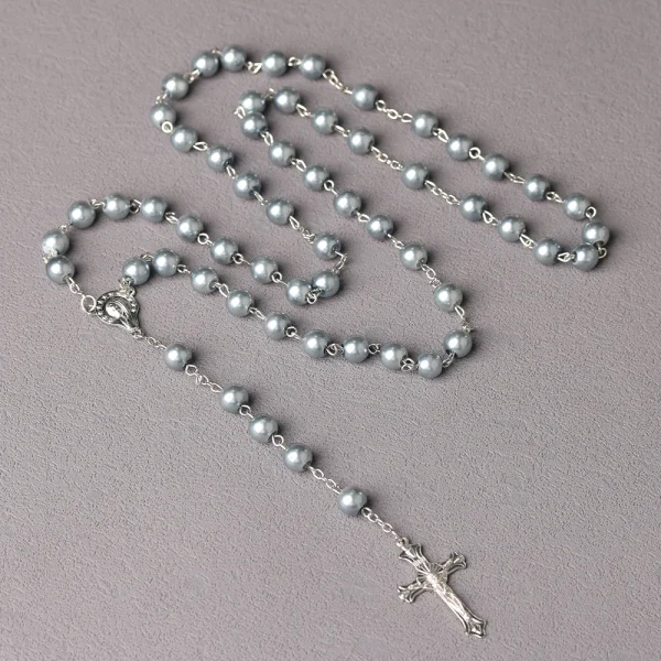 Catholic Rosary Prayer Beads Imitation Pearl Necklace Cross Baptismal Communion Rosary 8mm Christian Jesus Jewelry Churc