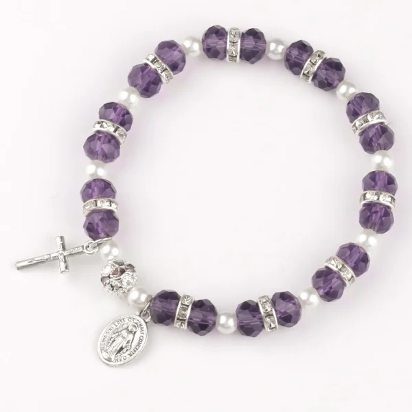 Religious Style Crystal Cross Bracelet Elastic Cord Glass Beaded Product Cross Virgin Mary Zinc Alloy Catholic Bracelet