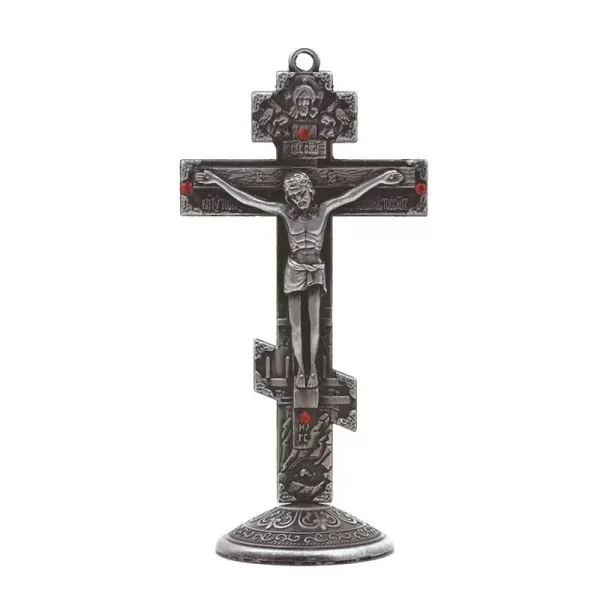 Mecrt Hot Sale 14*6.7cm 57g Orthodox Standing Crucifix Table Cross Gold Antique Ribbon Base Jesus Ornament Gift