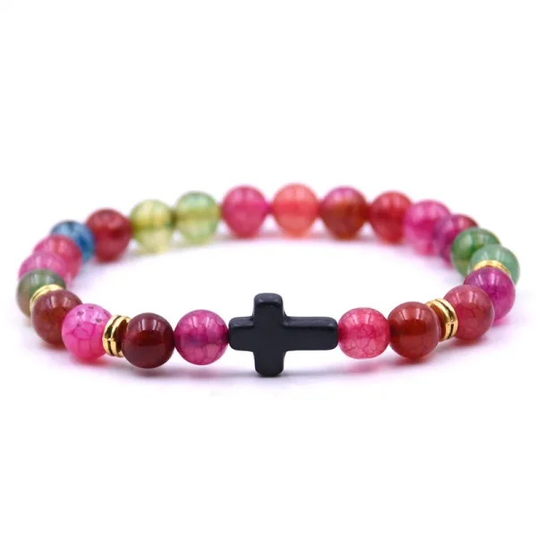 Tiger Eye Volcanic Stone for Bracelet Black Cross with Elastic Cord Trendy Christian Religious Accessory