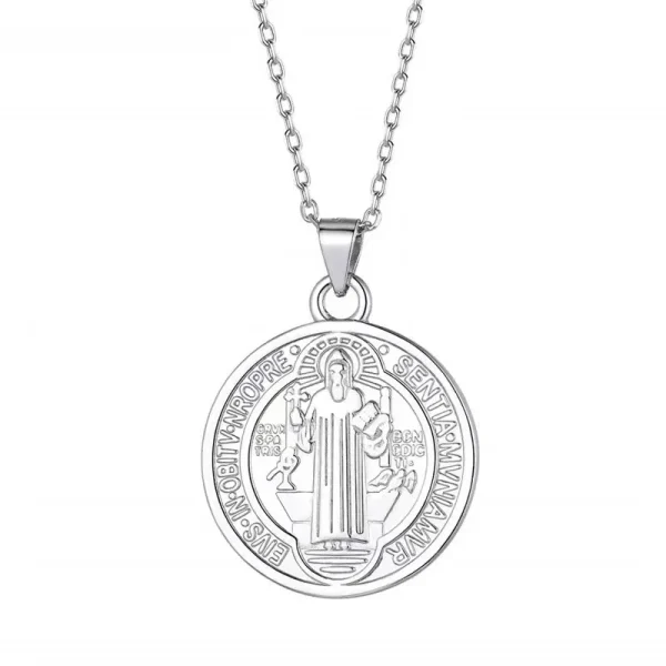Stainless Steel Cross Medal Versatile Double Sides Pattern Men’s St Benedict Necklace