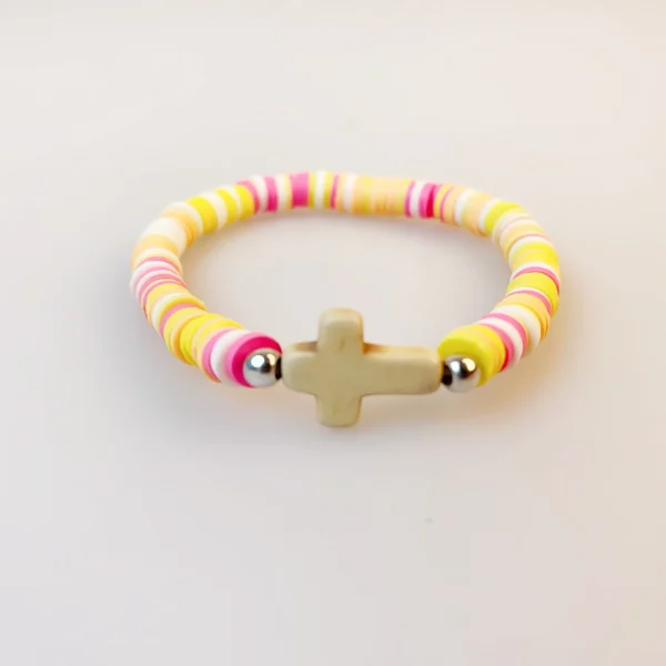 Natural Stone Cross Bohemian Colorful Women Soft Clay Beaded Elastic Multi-Layer Bracelet