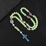 Catholic Rosary Necklace Luminous 10mm Glowing Prayer Pendant Rose Plastic Beads Jesus Icon Christian Jewelry for Easter Gifts