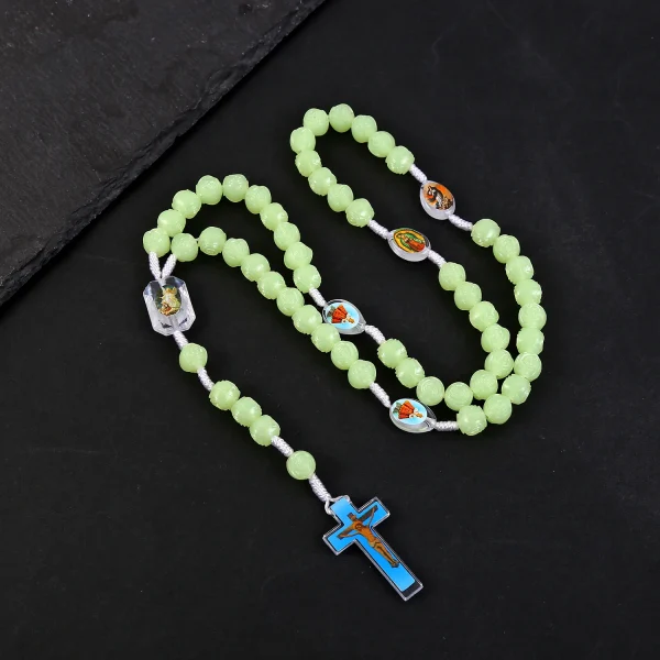 Catholic Rosary Necklace Luminous 10mm Glowing Prayer Pendant Rose Plastic Beads Jesus Icon Christian Jewelry for Easter