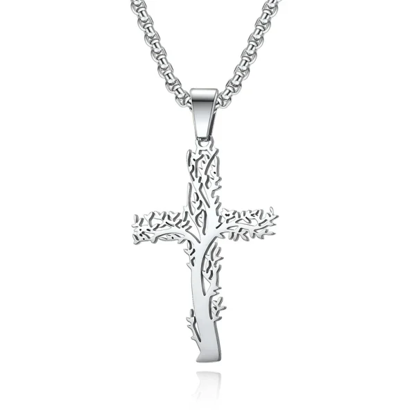 Stainless Steel Crucifix Tree Life Cross Pendant Necklace Jewelry for Men Women Religious Jesus Jewelry