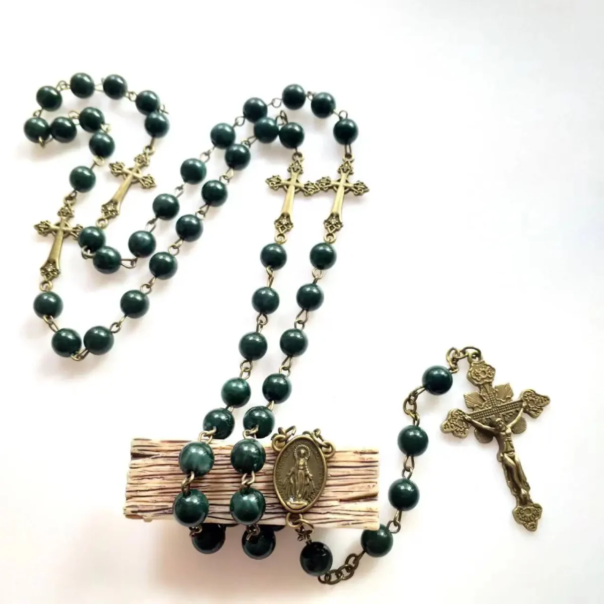 Support Custom Risingmoon Religious Catholic Blackish Green Virgin Cross Jesus Christian Acrylic Beads Retro Rosary Necklace - Image 3