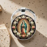 Our Lady of Guadalupe Round Glass Keychain Metal Flower Virgin Prayer Bag Decorative Pendant Gift Jewelry