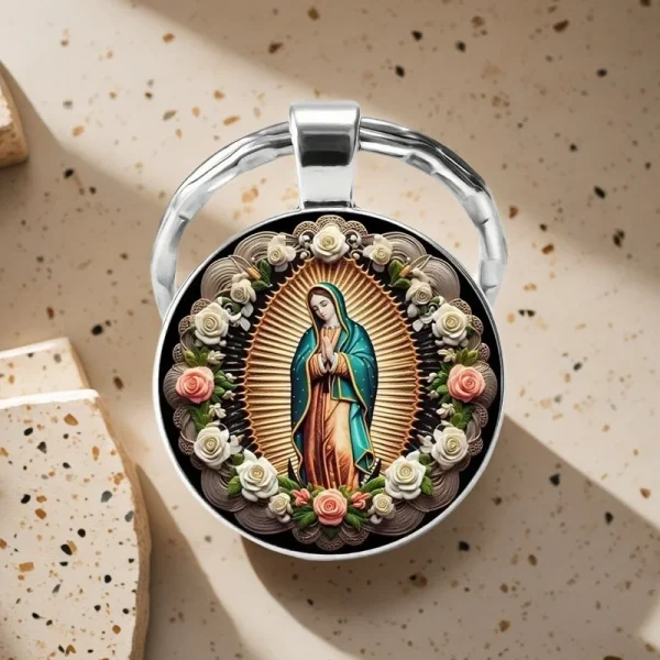 Our Lady of Guadalupe Round Glass Keychain Metal Flower Virgin Prayer Bag Decorative Pendant Gift Jewelry