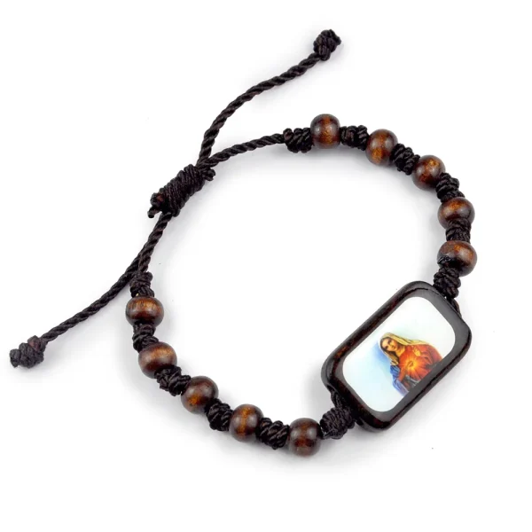 Wood Bead Knitted Rope Bracelet Religious Virgin Mary Holy Father Jesus Ascension Easter Bracelets Catholic Icon Wristba