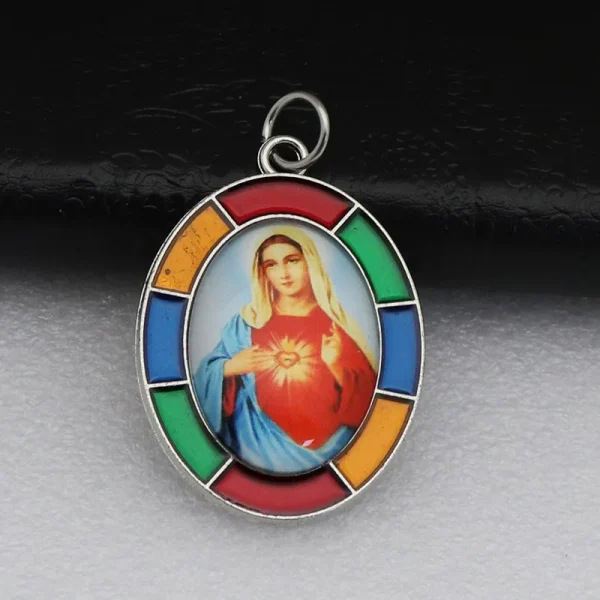 Colored Oval Photo Religious Pendant Natural Stone Alloy Catholic Jewelry Accessories Hanging Decoration Badge Our Lady 