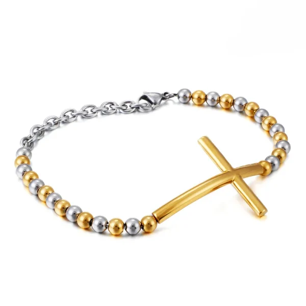Fashion Jewelry Cross Bracelet for Men and Women Catholic Rosary Lucky Charm Round Beads Titanium Steel Valentine’