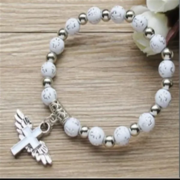 Catholicism Acrylic Cross Bead Bracelet with Gold Stamping Angel Cross Eucharist Baptism Rosary Bracelet Beaded Gift