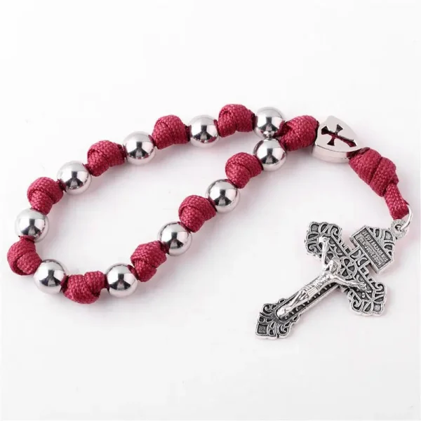 Colorful Metallic Rosary Bracelets Catholic Jesus Christ Cross Umbrella Rope Weaving Prayer Beads Cross Jewelry