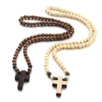 Mecrt Fashion Wood Beaded Rosary Necklace 8mm Wooden Beads Necklace with Cross Pendant Religious Necklaces - Image 3