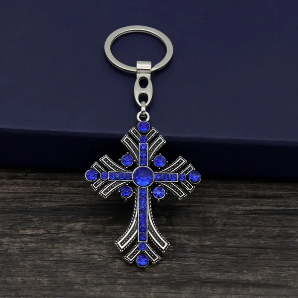 Blue Cross Catholic Church Gift Metal Keychain Diamond-encrusted for Men and Women