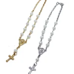 Handmade Luxury 6mm Rosary Beaded Bracelet with Rose Cross Crucifix Trendy Alloy Charm Bracelets for Women for Anniversaries - Image 4