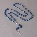 Catholic Vintage Religious Cross Rosary Necklace Gkass Imitation Pearl 8MM Beads Easter Christian Sacrifice Church Gifts