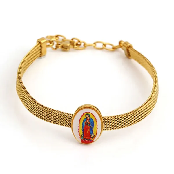 Mecrt Stainless Steel Colourful Fashion Bracelet Catholic Medal of the Blessed Virgin Mary Titanium Steel Mesh Bracelet