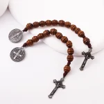 Cross-border Temu Alloy Cross Saint Benedict Medal Prayer Pocket Beaded Bracelets Catholicism Brown Wooden Beads - Image 3