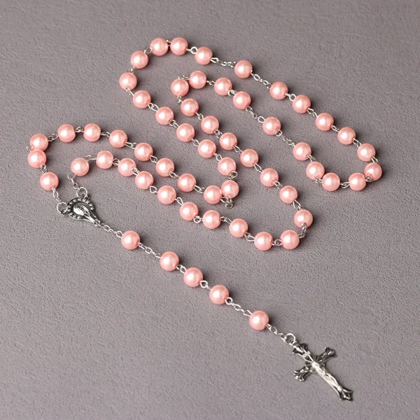 Catholic Vintage Religious Cross Rosary Necklace Gkass Imitation Pearl 8MM Beads Easter Christian Sacrifice Church Gifts