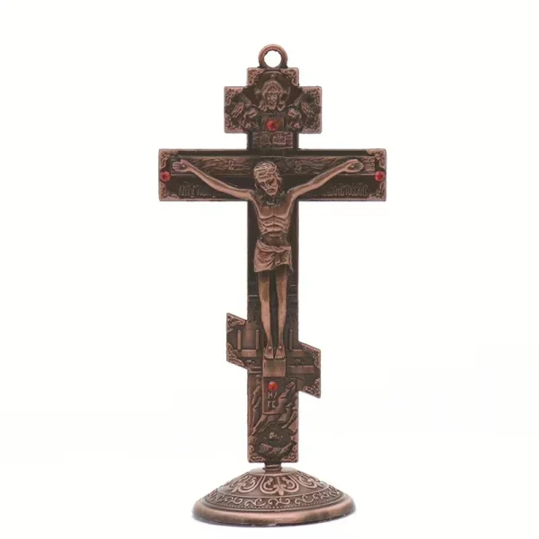 Mecrt Hot Sale 14*6.7cm 57g Orthodox Standing Crucifix Table Cross Gold Antique Ribbon Base Jesus Ornament Gift
