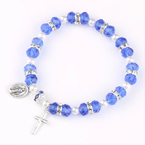 Religious Style Crystal Cross Bracelet Elastic Cord Glass Beaded Product Cross Virgin Mary Zinc Alloy Catholic Bracelet