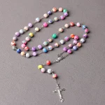 Mecrt Catholic Religious Rosary Crucifix Necklace 8mm/6mm Colorful Cross Polymer Clay Beads Jesus Pendant Zinc Alloy Gift - Image 5