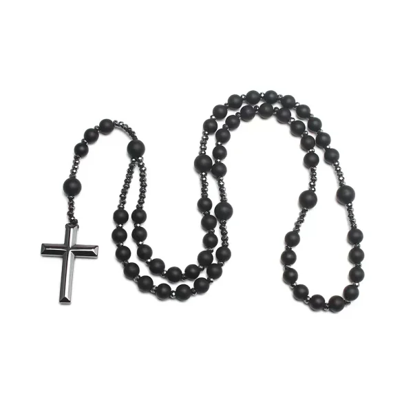 Mecrt Religious Black Onyx African Turquoise Hematite Tiger Eye Stone Pray Beads Blessing Christian Cross Necklace