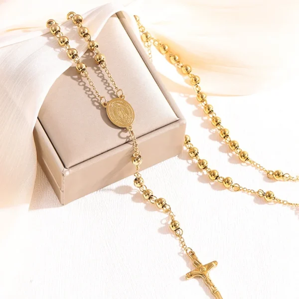 Wholesale Stainless Steel Rosary Retro Niche Personality Premium Oval Necklace Tassel Cross Pendant Catholic Prayer Bead