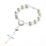 Crystal Wholesale 10mm Imitation Pearl Beaded Zinc Alloy Catholic Unisex Virgin Mary Rosary Bracelets with Crucifix - Image 3