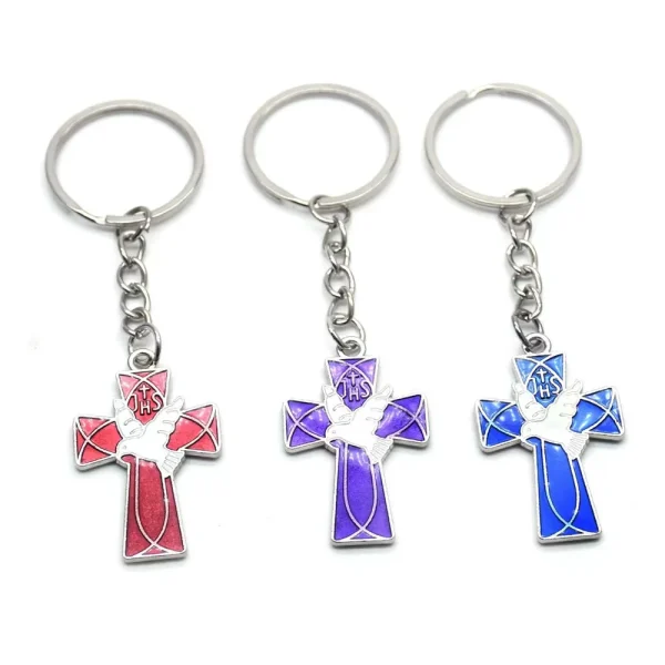 Peace Dove and Christian Crucifix Metal Keychain Car Pendant Key Ring for Keys and Jewelry Charms Elegant Religious Desi