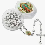 Handmade Rosary Beads Cross Necklace 6mm Scented Wood Bead with Virgin Mary & Diamond Figaro Chain-New