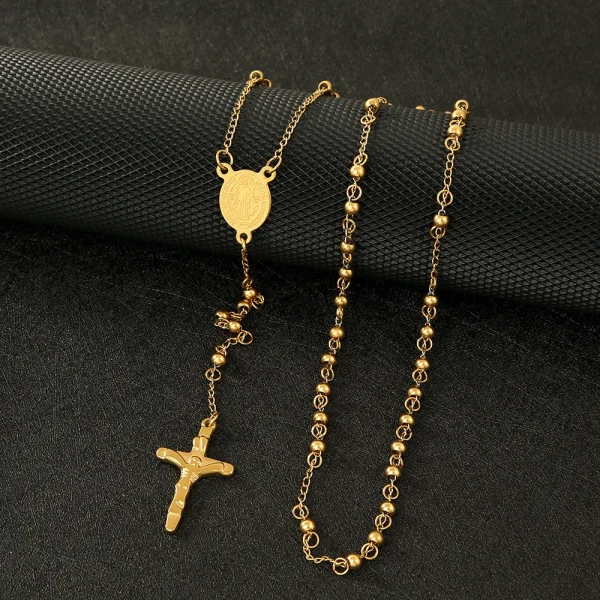 Hot Selling 4mm Stainless Steel Necklace Bead Tri-color Cross Madonna Necklace Ladies Fashion Popular Accessories
