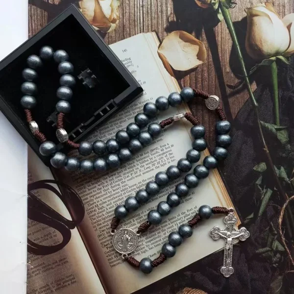 St Benedict Medal Religious Rosary 10mm Wood Beads Cross Necklace Catholic Rosaries