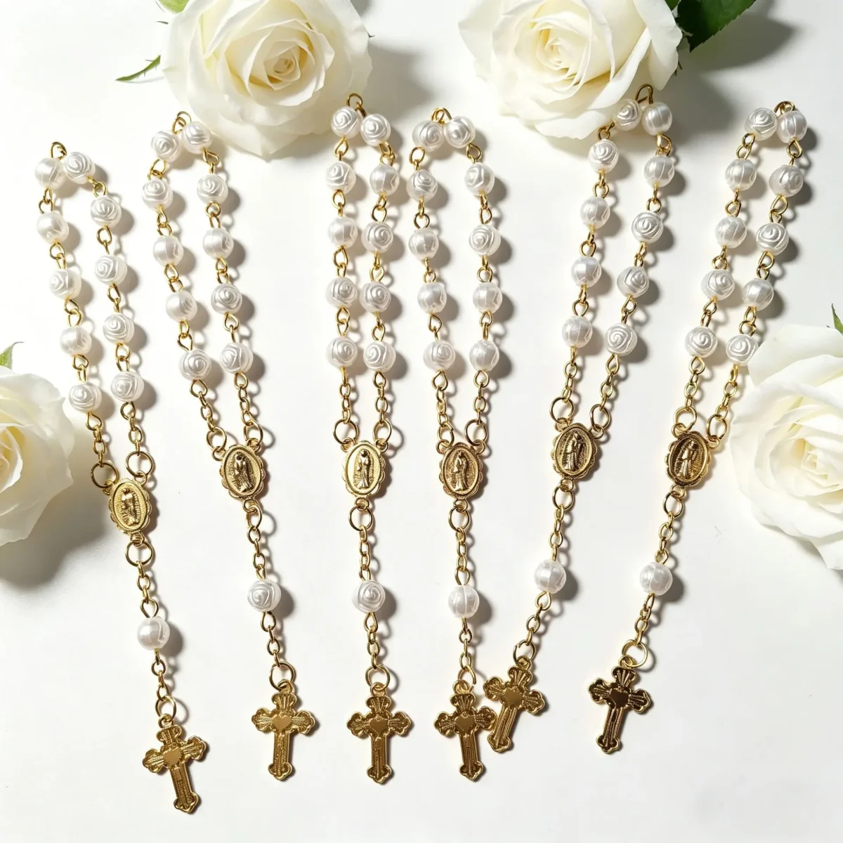 Hot Wings Christian Religious Rose Baptism Beads Pearl Beaded Bracelet Rosary Cross Factory Wholesale - Image 3