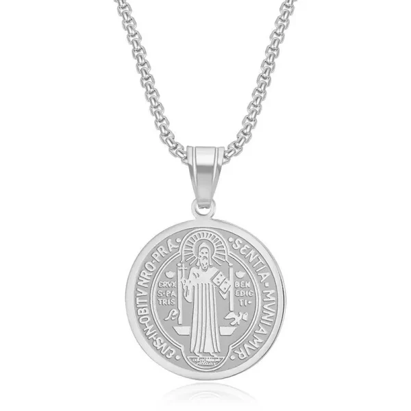 Mecrt Saint Benedict Christian Stainless Steel Disc Necklace Priest Exorcist Pendant Jewelry