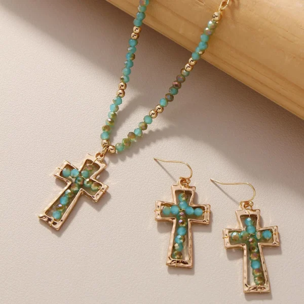 Trendy Teal Blue Glass Beaded Cross Necklace Earrings Set Stainless Steel Link Chain Gold Heart Shape Featuring Diamond 