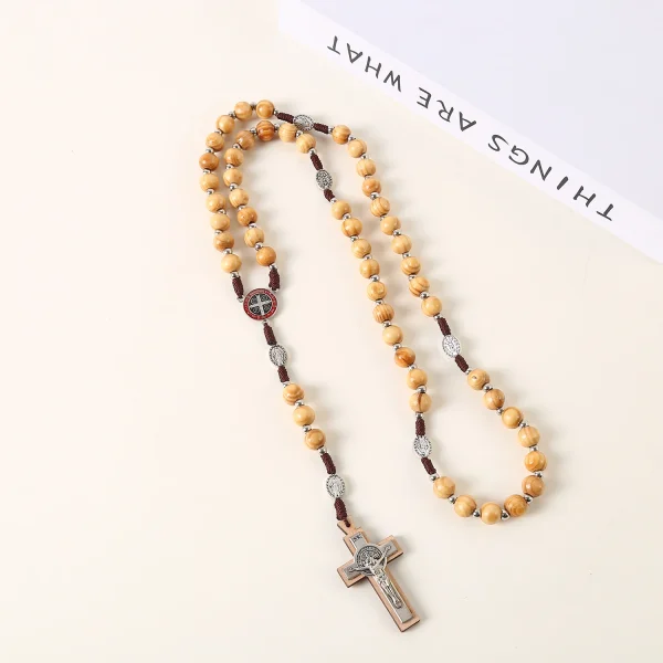 Catholic Rosary Necklace 10mm Beads Prayer Cross Jerusalem Handwoven Cross-Border Wooden Jewelry