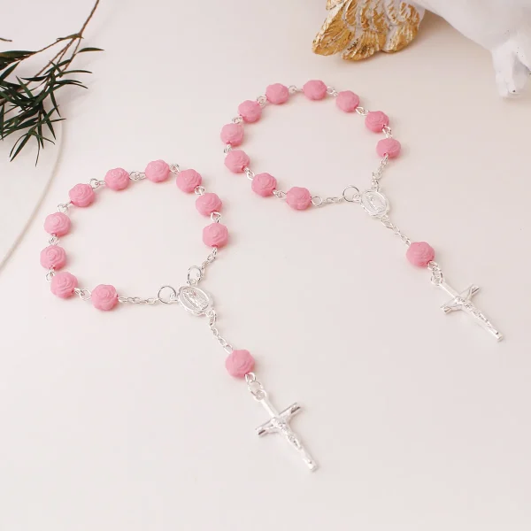 New Pink Rose Flower Rosary Children’s Bracelet Cross Pendant Religious Anniversary Jewelry Gift