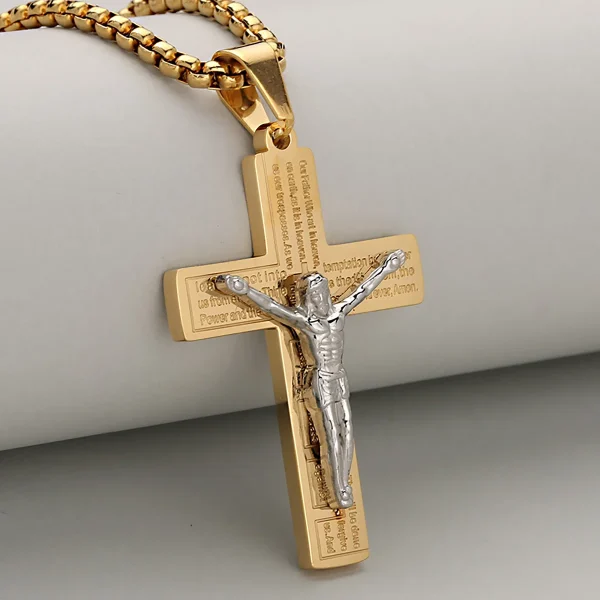 Men’s High-End Fashion Crucifix Pendant Jesus Cross Hot Sale Hip-Hop Style Gold Plated Stainless Steel Link