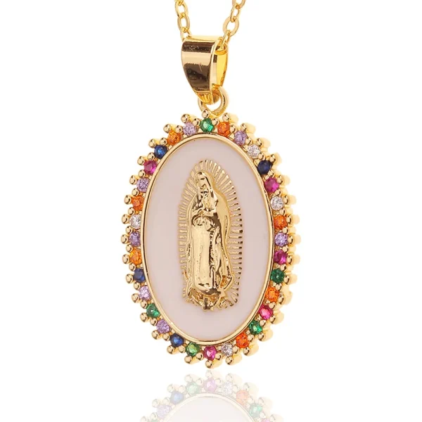 Mecrt Catholic Oval Coin Medallion Necklace 18K Gold Plated CZ Virgin Mary Pendant Cubic Zirconia Our Lady of Guadalupe