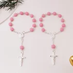 New Pink Rose Flower Rosary Children's Bracelet Cross Pendant Religious Anniversary Jewelry Gift - Image 2