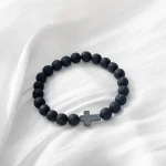 Vintage Zinc Alloy Beaded Bracelets Cross Charm Elastic Stretch Religious Catholic Gift - Image 3
