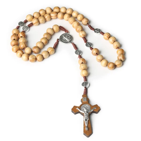 Catholic Rosary Crucifix Religious Jewelry Saint Benedict Charm Cross Pendant Jesus 10mm Wood Beads Handmade Rosaries Wh