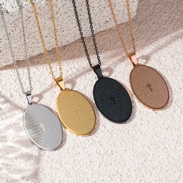 Catholic Gold Cross Pendant Stainless Steel Oval Religious Lettering Scripture Ornament Titanium Steel Necklace