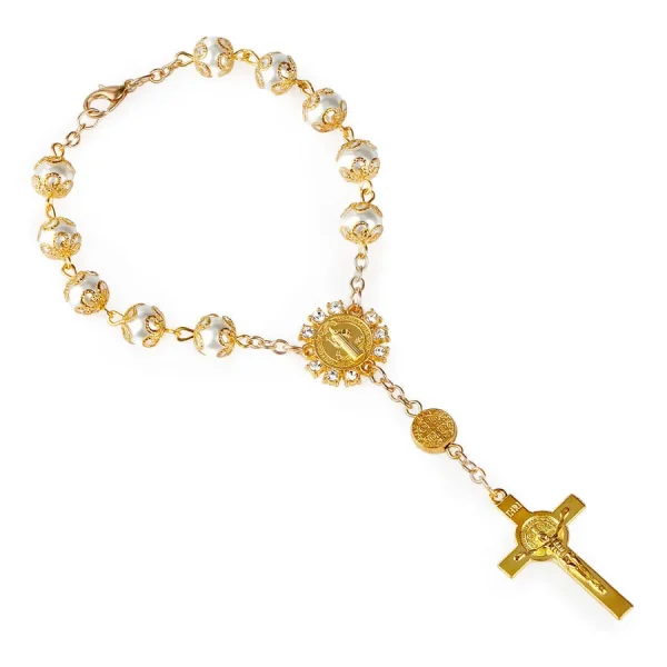 Gold Silver Lace Glass Imitation Pearl Rosary Rosary Bracelet 10mm Cross Beaded Bracelet